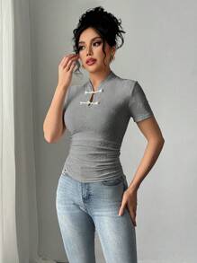 Chiquease Jacquard Embroidered Button-Up Ruched Waist T-Shirt, Minimalist & Fashionable, Suitable For Summer - Grey - View 4