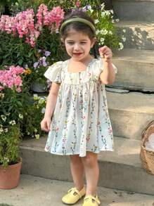 LMoss Kids LMoss  Baby Girl Ditsy Floral Round Neck Puff Sleeve Fitted Casual Dress Sisters Outfit,Suitable For Spring And Summer Spring And Summer Spring Dresses For Girls Baby Spring Dress Baby Girl Cute Dress Toddler Spring Dresses Toddler Girl Bodysuit  Suitable For Spring And Summer - Multicolor - View 5