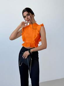 Firerie Elegant Ruffle Trim White Backless Tie Up Festival Party Music Festival Cropped Blouse - Orange - View 2