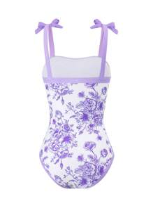 1 Pieza Traje de baño con estampado floral con cubrecostas y falda para adolescentes (Estampado floral aleatorio) - Multicolor - Ver 8