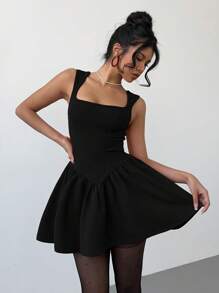 Aloruh 女士方领褶皱无袖迷你连衣裙，纯色时尚 - 黑色 - 查看 6