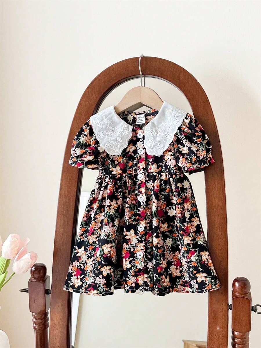 SHEIN Babygirl Summer Cute Floral Print Vacation Dress - Black - View 1