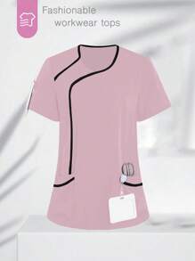 TaskEZ Women Contrasting Color Trim Short Sleeve Top, Scrub Tops - Baby Pink - View 1