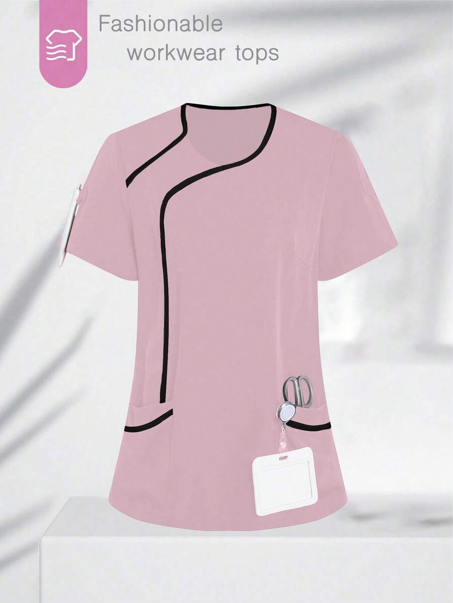 TaskEZ Women Contrasting Color Trim Short Sleeve Top, Scrub Tops - Baby Pink - View 1