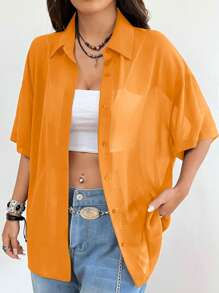 SHEIN EZwear 复古休闲橙色透视音乐节女式短袖纽扣衬衫 - 橘色 - 查看 6