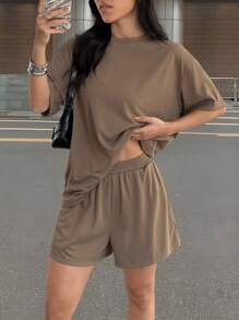 SHEIN EZwear 棕色针织基本款休闲宽松T恤套装