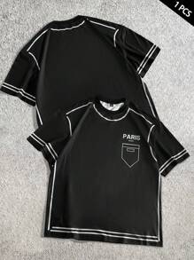 Manfinity Hypemode Camiseta de manga corta de cuello redondo holgada con líneas estructuradas de contraste, estilo callejero juvenil de los hombres, artículo versátil en INS, adecuado para ropa deportiva, usar de vuelta a la escuela y como regalo para novio.