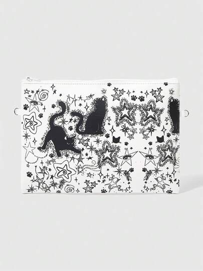 Grunge Punk 1pc White Handpainted Cat Women Clutch Bag