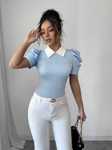 Elenzga Áo thun nữ cổ bẻ đơn sắc đính hạt thanh lịch hàng ngày - Màu xanh lam - Xem 6