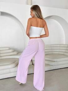 Chiquease Women's Drawstring Tie Plaid Casual Straight Leg Pants - Pink - View 2