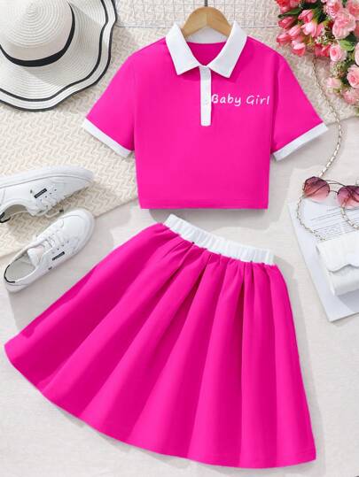 青少年女孩字母印花短袖 Polo 衫搭配迷你裙，休闲学院风两件套，女童春夏校服，女童学院风服装