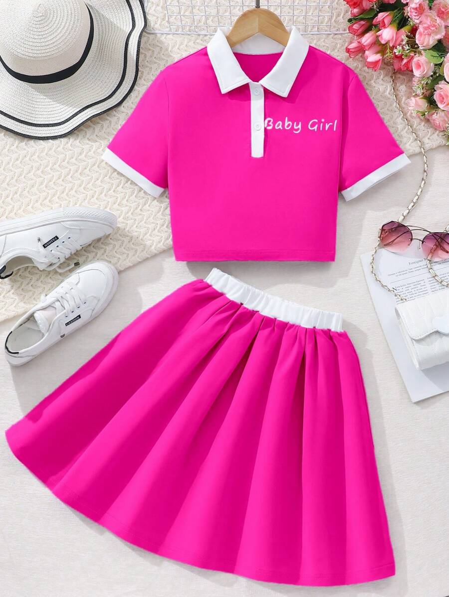 青少年女孩字母印花短袖 Polo 衫搭配迷你裙，休闲学院风两件套，女童春夏校服，女童学院风服装