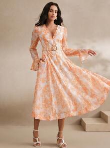 Anewsta Robe femme avec imprimé floral, ornée de perles et de strass, col en V profond, taille cintrée, ceinture décorée de perles et de strass. Style printanier, festival, Saint-Valentin, élégant, vacances de Pâques - Multicolore - Voir 4