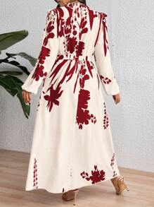 Celure 加大码花卉印花立领系带长袖连衣裙 长款女装 - 紅色 - 查看 2