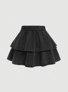 SHEIN MOD Plus Size Denim Mini Skirt With Bow Decor, Blue - Black - View 2