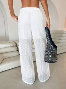 Roylia Damen Urlaubs-Lässig Einfarbige Hohlstick-Stickerei Lange Hose