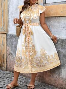SHEIN VCAY Vestido casual de vacaciones con estampado floral retro, volante en el bajo, para mujer de talla grande. Vestidos de verano con estampados para outfits de Nashville, outfits de primavera para mujer, outfits de Pascua, outfits de festival, outfits de rave, outfits elegantes de vacaciones, outfits casuales bohemios para graduación o almuerzo, vestidos de invitada de boda, outfits de concierto de música country o de playa. - Multicolor - Ver 3