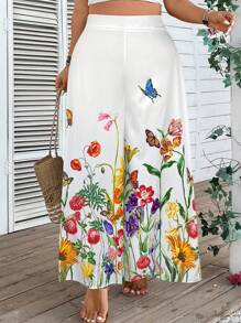SHEIN VCAY Pantalon palazzo casual à jambe large avec imprimé floral grande taille