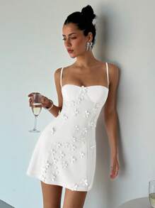 Aloruh Women Sexy Cute YTK Small Cup Detail Front 3D Floral Decor Bodycon A-Line Camisole Dress,Rave Outfits Festival,Summer Dresses For Women,White Dresses For Women - White - View 9