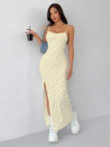 SHEIN PETITE White Ditsy Floral High Side Split Long Cami Dress,Butter Yellow - Mustard Yellow - View 3