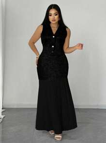 Celure Set da 2 pezzi per donna taglie forti, top a V e gonna lunga plissettata
