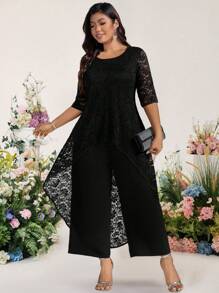 Cravure 大码女式两件套：蕾丝边前短后长中袖上衣和松紧腰紧身裤 - 黑色 - 查看 4