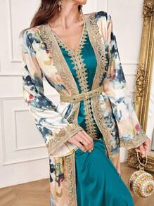 Al Najma Women's Tie-Dye Print Long Sleeve Dress, Modest Kaftan - Teal Blue - View 6