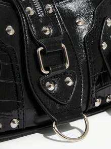 SHEIN ICON Ladies, Women Shoulder Bag, Hobo Bag, Fashionable, Personalized, Simple, Versatile, Street, Sweet And Cool Girls, Hot Girls, Y2k, Rivets, Biker Style, Punk, Teenagers, New Arrival Tote Bags For Woman , Goth - Black - View 6
