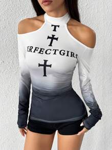 Women's Gradient Letter Print T-Shirt Fall Cloth For Women - Multicolor - View 3