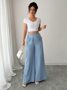 Elenzga Bow Decor Accent Blue Wide Leg Pants - Dusty Blue - View 4