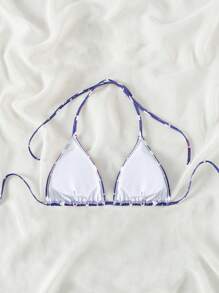 SHEIN Swim 女士性感交叉露背比基尼上衣，带有随机星星印花，夏季海滩 - 藍白色 - 查看 3