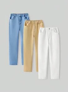 3 件大童百搭休闲百搭可调节腰部弹力修身牛仔裤，适合日常穿着 - 彩色 - 查看 1