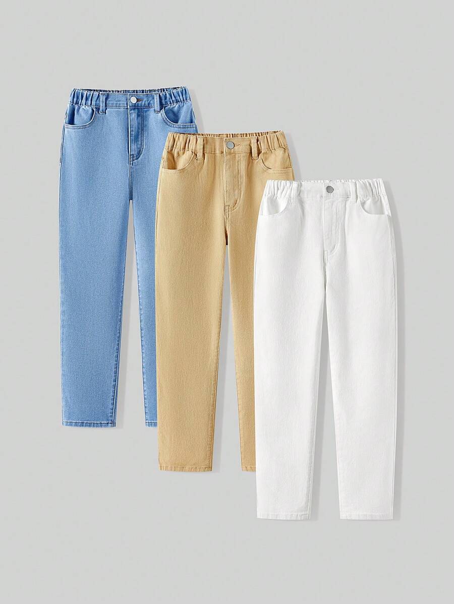 3 件大童百搭休闲百搭可调节腰部弹力修身牛仔裤，适合日常穿着 - 彩色 - 查看 1