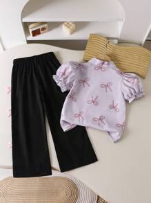 SHEIN Genkimix Kids 2 件套年轻女孩蝴蝶结印花短款泡泡袖上衣和裤子套装 - 彩色 - 查看 2