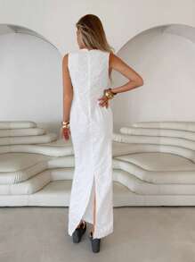 Roylia Women's Burnt-Out Embroidered Arc Hem V-Neck Sleeveless Dress - White - View 2