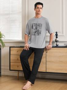 CoupledUp 个性化创意印花宽松圆领短袖T恤和直筒裤男士休闲睡衣套装