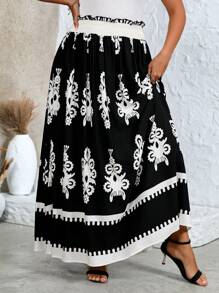 SHEIN Clasi Plus Size Women Floral Print Frill Trim Casual A-Line Skirt - Black - View 1