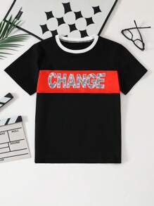Tween Boy Matching Family Top, Round Neck Short Sleeve T-Shirt, Colorblock Design, Letter Print Casual American Style Loose Fit Top, Suitable For Home, Outdoor, Family Gathering, Travel, Leisure - Multicolor - View 4
