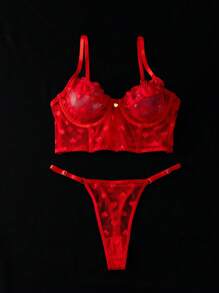 SHEIN 2pcs Heart Mesh & Lace Underwire Sexy Lingerie Bra And G-String Set Bridal - Red - View 4