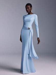 Elitara Elegant Silver Gray Boat Neck Off-Shoulder Long Sleeve Waist Twist Sequin Metal Shell Button Decor Mermaid Bridesmaid Dress - Baby Blue - View 1