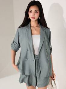 Modelyn Conjunto de Terno com Blazer e Shorts com Colarinho Blazer e Punhos em Cor Sólida para Mulheres - Verde - Visão 2