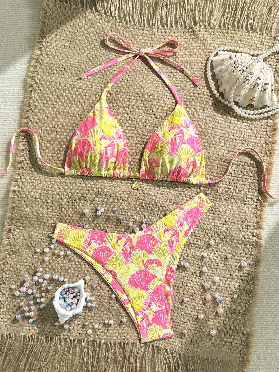 Swim Mod 2pcs/Set Summer Beach Holiday Spaghetti Strap Printed Top And High Cut Bottoms Bikini Set - Multicolor - View 1