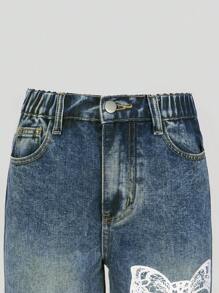 SHEIN Explorewe Tween Girls Vintage Blue & White Bowknot Print Distressed Loose Wide Leg Washed Jeans - Blue - View 7