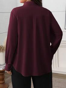 Vionelle 大码女式纯色优雅法式通勤衬衫，带荷叶边领，蝴蝶结装饰，长袖，适合春秋季节 - 紫紅色 - 查看 2