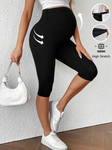 SHEIN Maternity Solid Ribbed Cropped Leggings,Maternity Clothes - Black - View 1