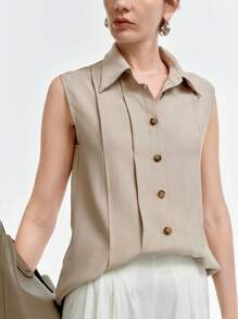 Aalyst 全新设计优雅无袖休闲复古衬衫 - 卡其色 - 查看 6