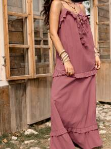 LanaWest 女式吊带连衣裙，带荷叶边和前蕾丝系带设计 - 藕粉色 - 查看 3