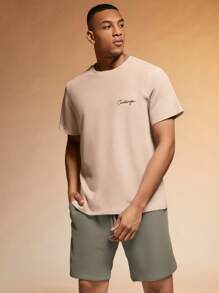 RueChic Men Special Embriodery Waffle Fabric Regular T-Shirt Set Short Sleeve - Army Green - View 1