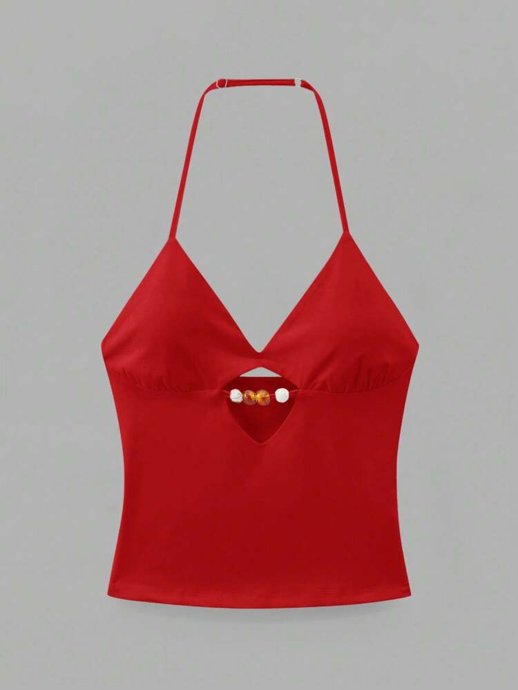 SHEIN Maija 2025 Herbst/Winter Neu Rotes Cut Out Perlen Crop Top für Frauen, Boho-Stil eng anliegendes ärmelloses Top, vielseitig für den täglichen Gebrauch, Musikfestival, Ostern, St. Patrick's Day, Ibiza, Brunch, Flughafen, Abschluss, Business Lässig, Date, Party, Elegante Weihnachten