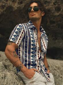 Manfinity VCAY Men Woven Casual Vacation Summer Geo Print Short-Sleeved Shirt, For Vacation, Beach - Multicolor - View 3